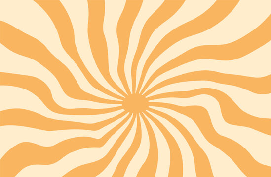 Retro groovy sunburst background with abstract wavy spiral sun rays in warm orange and cream colors. Psychedelic hippie style vector pattern for posters, textiles, covers and prints.
