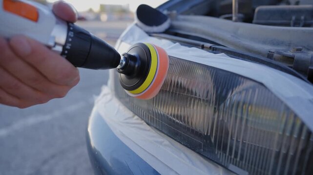 The process of polishing car headlights outdoors. 