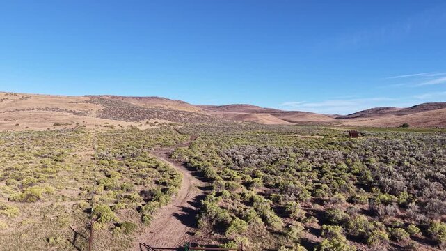 Aerial drone footage makes a low flyover over a dirt road near Rush Creek along the Nevada state line, with a historic cowboy line shack visible in the distance, Lassen County, California.