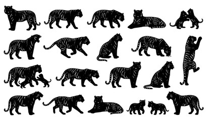 Tiger Silhouette Collection Featuring Different Poses Wildlife Predator Jungle Animal and Big Cat Icons © Shakib