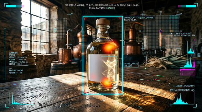 Futuristic digital analysis of a glass bottle of alcohol inside a traditional distillery.