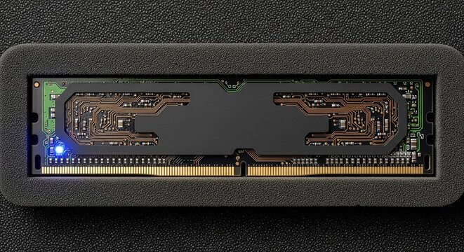 A computer RAM memory stick (random access memory) placed securely inside a black protective foam packaging tray, featuring a small glowing blue LED light on the left side
