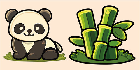 Cute panda cartoon with bamboo isolated vector illustration for children, friendly wildlife animal and green plant on white background © Katerina