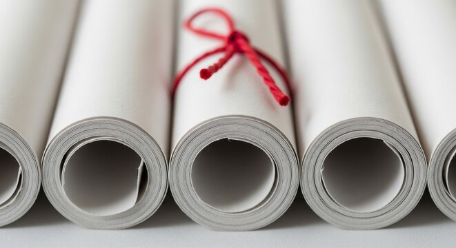 A tight, front-on close-up of the ends of several rolled-up white paper tubes or posters, showing a single red string tied around one of them