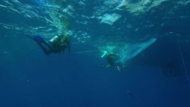 Scuba divers holding rope approach stern and climb up ladder to diving boat in sunny day, Underwater view, Slow motion of divers returning underwater to diving safari boat on sunlight