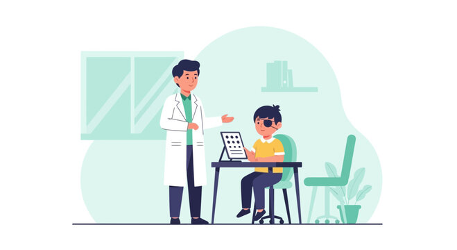 Ophthalmologist checking child's vision with eye patch at optometry office