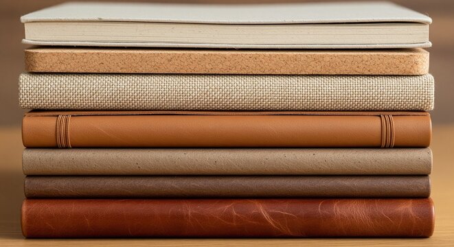 A side view close-up of a neat stack of different hardback journals and books showing various textures like leather, linen, canvas, and paper in warm brown and beige colors