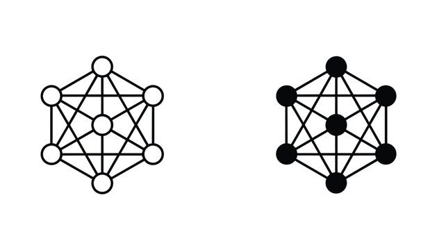Hexagonal star network vector icon isolated on white Black and white outline line art and solid glyph silhouette