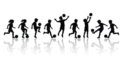 Obraz premium Black silhouette vector illustration of active children playing a fun game of soccer with balls
