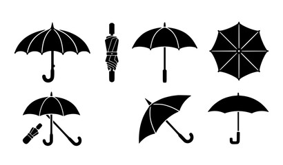 Umbrella Silhouette Collection with Open Closed and Folded Rain Umbrellas Black Vector Icon Set © Kolpona