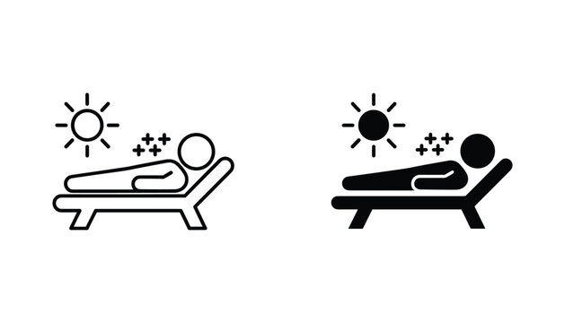 Sunbathing person vector icon isolated on white Black and white outline line art and solid glyph silhouette