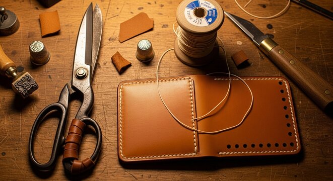 A leather crafting workspace layout from above, featuring a brown leather wallet piece, large heavy-duty tailoring scissors, a spool of thread, metal thimbles