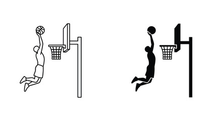 Basketball dunk vector icon isolated on white Black and white outline line art and solid glyph silhouette © VisionGrafix