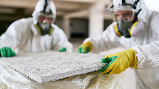 Professional worker prepare to remove hazardous material in protective suit and respirator mask, handle contaminated debris for safe disposal