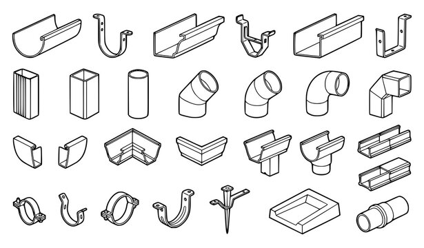 PVC Pipe and Plumbing Fitting Collection Isometric Outline Vector Construction Components Illustration Set