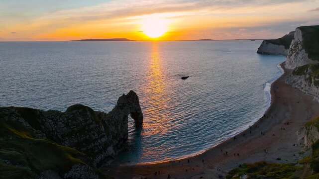 Aerial view of Durdle Door, a natural limestone arch on the Jurassic Coast near Lulworth in Dorset, England