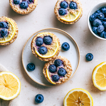 Lemon Blueberry Baked Oatmeal Cups. Top view. 