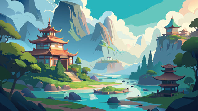 Serene Asian landscape with pagodas during daytime with rolling hills and vibrant clouds