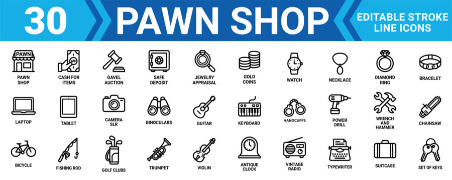 Set of 30 pawn shop line icons for business and finance featuring various valuable items and equipment Minimal stroke liner icon set bundle collection. Editable Vector Illustration Mega pack