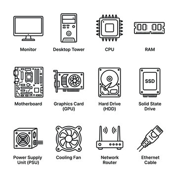 Detailed icons representing various computer components: monitor, tower, CPU, RAM, and more.
