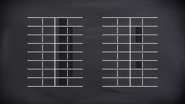 Overhead view of two parking lot sections with filled and empty spaces on a dark gray background
