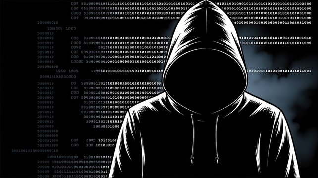 Anonymous hooded hacker silhouette against digital binary code background, cyber security and data privacy concept