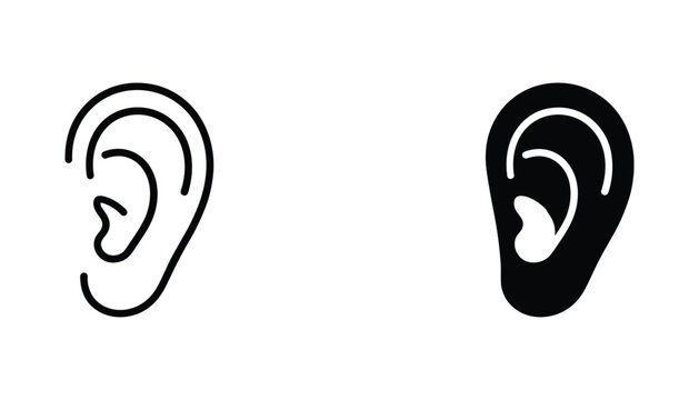 Human ear vector icon isolated on white Black and white outline line art and solid glyph silhouette