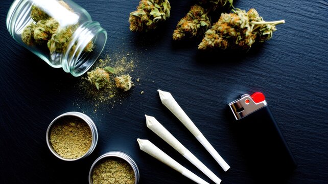 Overhead view of cannabis accessories including pre-rolled joints, marijuana buds in a jar, ground herb, and a lighter on a dark background