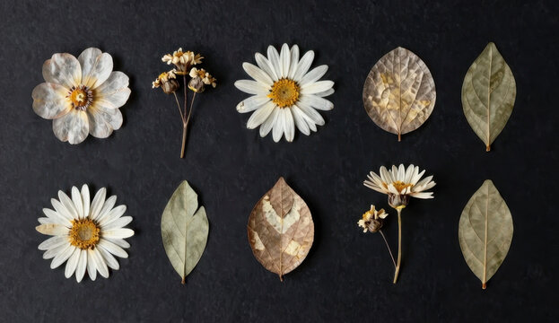Collection of pressed dried flowers and leaves on black