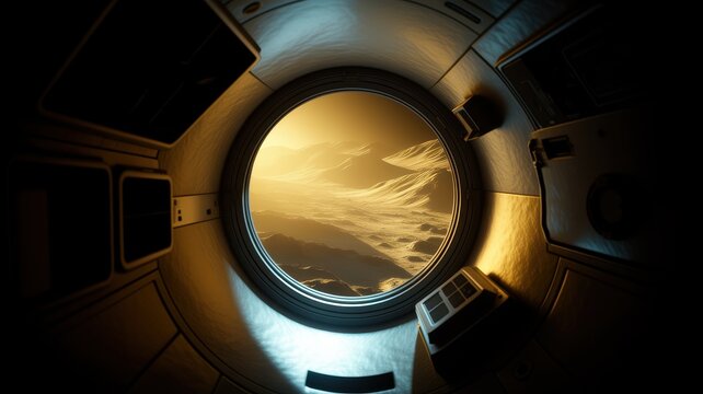 View of Alien Planet Landscape Through Spaceship Porthole Window
