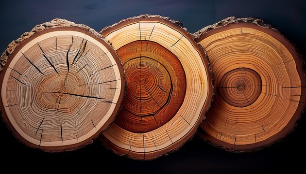 Three Round Tree Log Cross Sections With Wood Grain Rings And Bark Texture