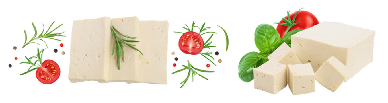 tofu cheese isolated on white background with full depth of field, Top view. Flat lay