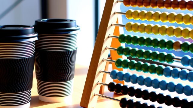 Two disposable coffee cups and a wooden colorful bead abacus on a wooden table
