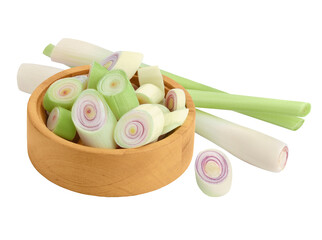 Fototapeta premium Fresh Lemongrass slices in wooden bowl isolated on white background with full depth of field