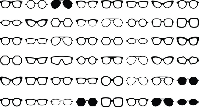 Set of various black eyeglasses and sunglasses frames in different shapes and styles isolated on a white background