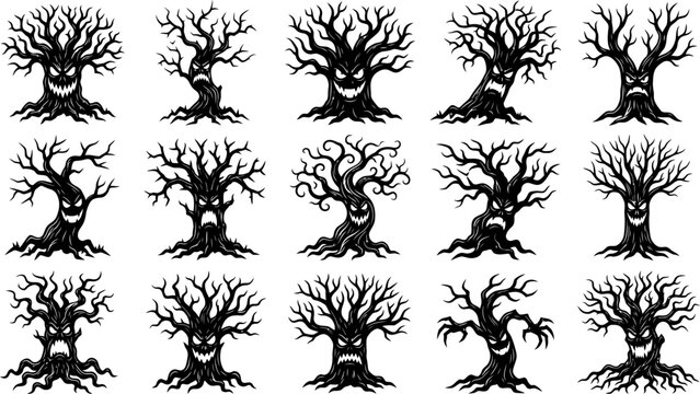 Creepy animated trees collection vector illustration for halloween designs and spooky forest scenes