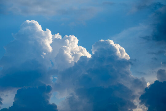 a view of large, billowing cumulus clouds with bright, sunlit tops and heavy, dark, shadowed bases set against a vivid blue sky.