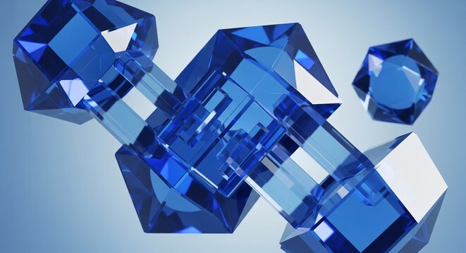 Abstract 3D illustration of geometric blue crystal shapes resembling dumbbells or molecular links floating on a light blue background.
