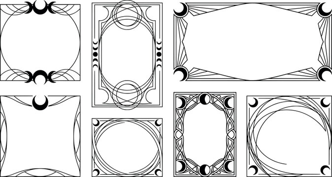 Set of elegant art deco style frames with moon phases, celestial and geometric border designs, vector frames for invitations transparent background