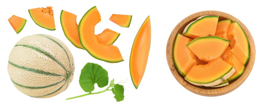 Cantaloupe melon slices isolated on white background with full depth of field. Top view. Flat lay