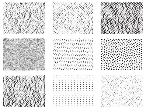 Set of Halftone Stipple Pattern Textures, Vintage Dot Noise and Distressed Grain Backgrounds, Monochrome Pop Art Comic Graphic Design Shader Vector Elements