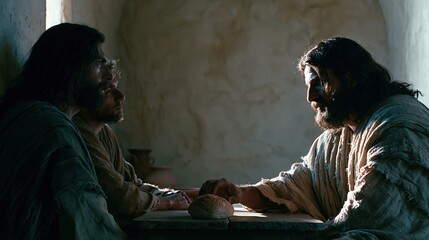 Obraz premium Jesus Sharing Bread with a Disciple at a Simple Wooden Table, Ancient Dwelling, Cinematic Side View