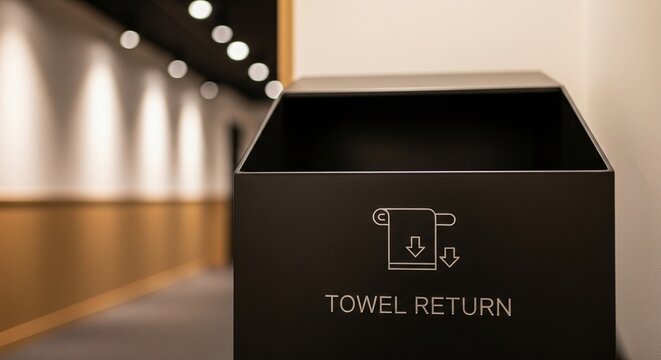 Black towel return box in a hallway with an icon of a towel and an arrow, selective focus