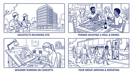 Obraz premium Professional and social life scene sketches with captions.