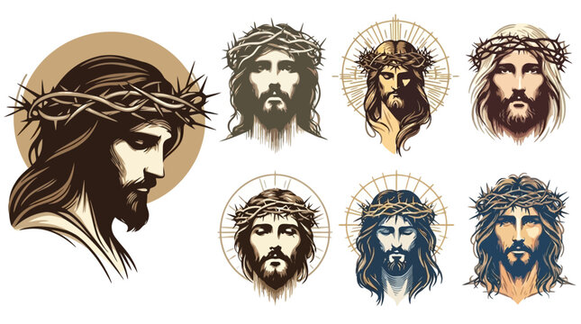 The illustration depicts Jesus Christ with various crown of thorns designs on his head.