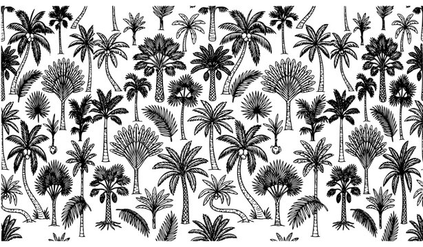 Seamless Palm Tree Pattern Black and White Outline Tropical Vector Wallpaper