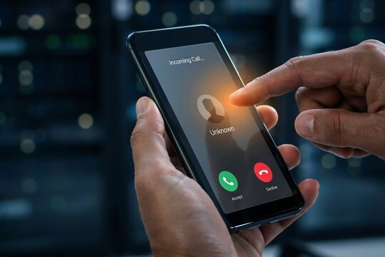 Close up of a person holding a smartphone and receiving an incoming call from an unknown user