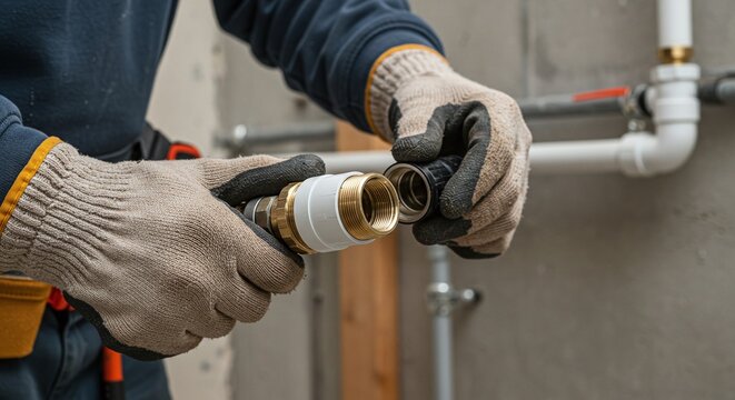 Plumber's hands fitting a brass connector onto a plastic pipe at a construction site.Concept of plumbing and professional pipe installation
