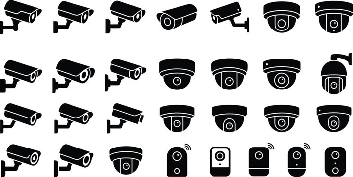 Set of black security camera icons for video surveillance and home safety monitoring systems isolated on white