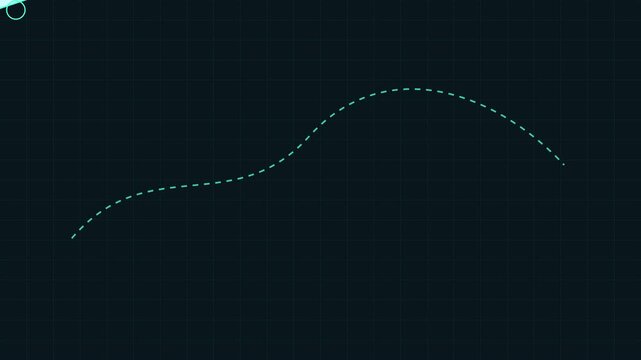 Animated glowing dotted line path on dark grid animation 4k background, for data visualization, and motion
